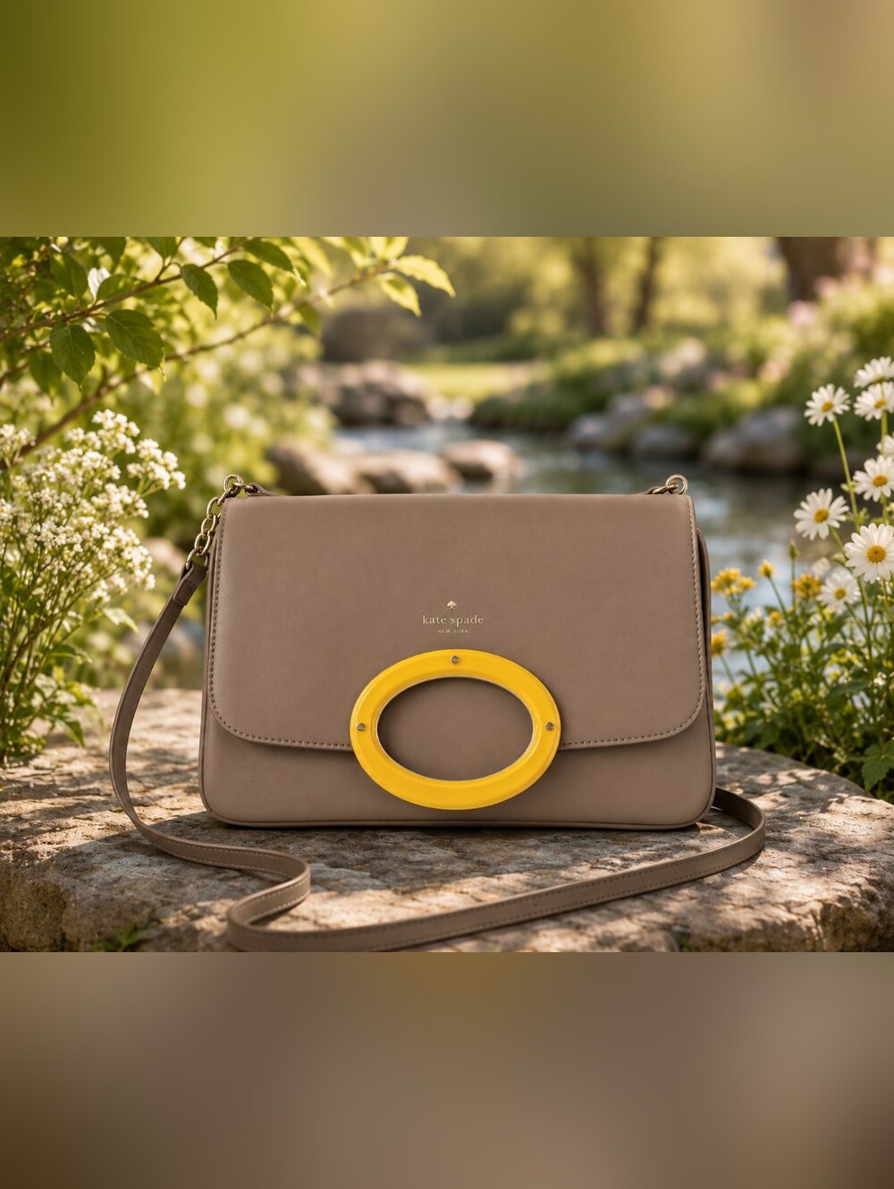 Kate Spade Taupe Leather Crossbody with Yellow Accent